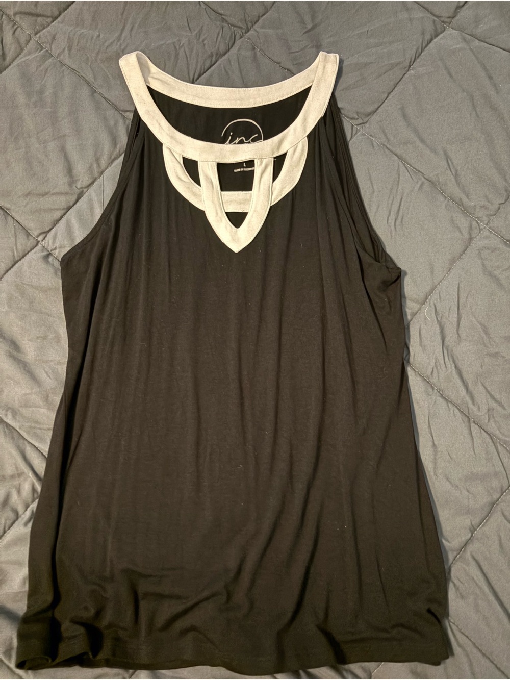 INC International Concepts Black Tank with White Trim Cutout Neck